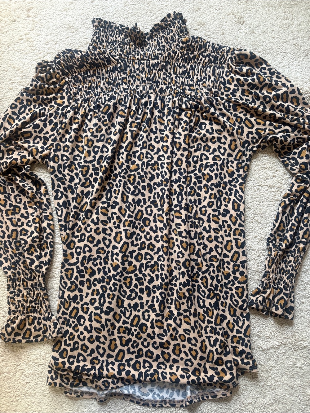 Smocked Leopard Print Blouse in Tan and Black